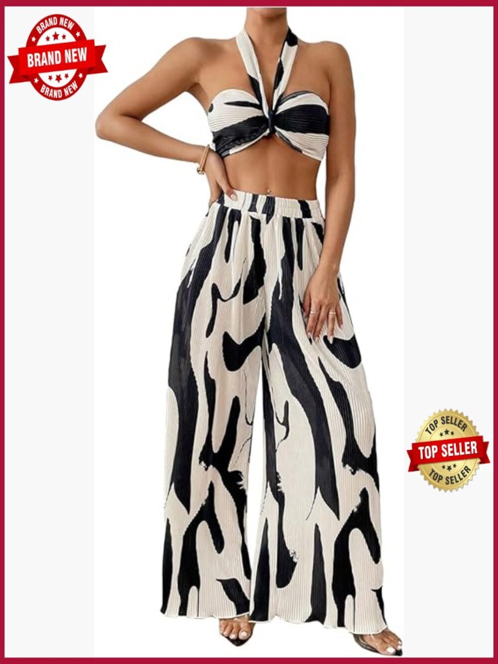 Graphic Print Knit Crop Top and Wide Leg Pants Set Two Piece Summer Outfit
